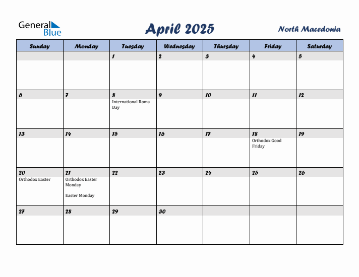 April 2025 Calendar with Holidays in North Macedonia