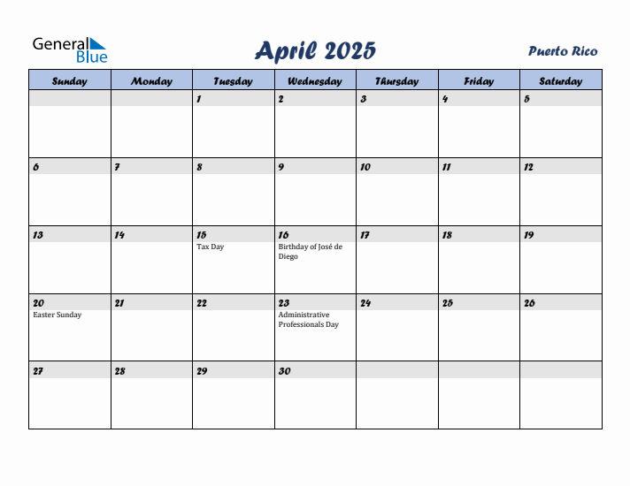 April 2025 Calendar with Holidays in Puerto Rico