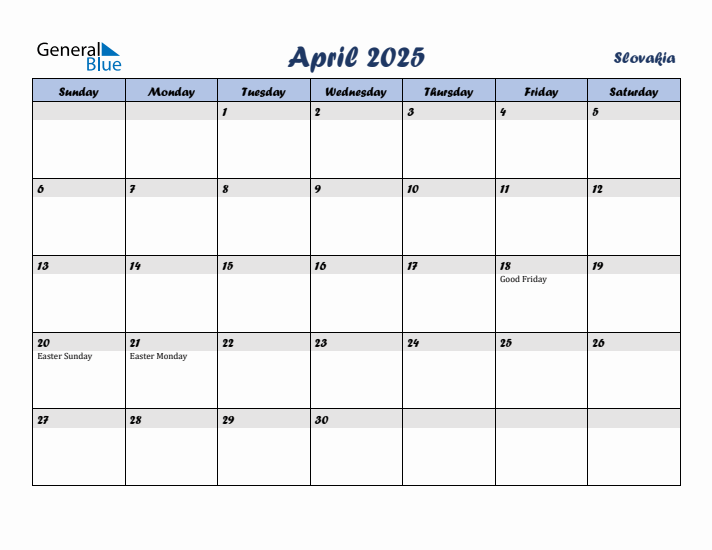 April 2025 Calendar with Holidays in Slovakia