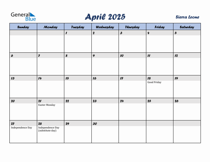 April 2025 Calendar with Holidays in Sierra Leone