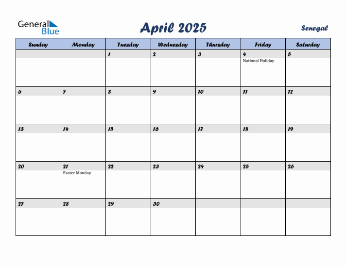 April 2025 Calendar with Holidays in Senegal