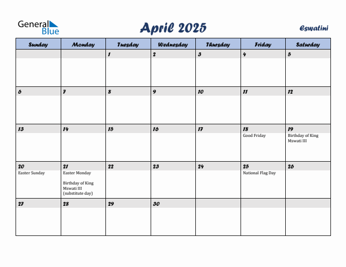 April 2025 Calendar with Holidays in Eswatini