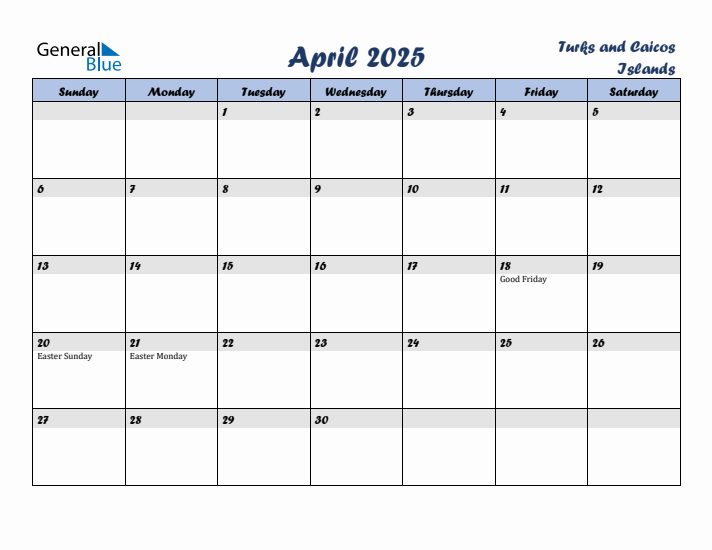 April 2025 Calendar with Holidays in Turks and Caicos Islands