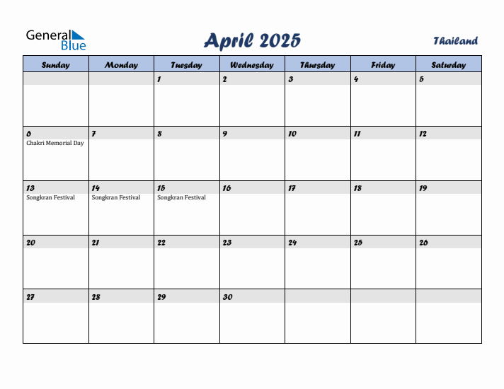 April 2025 Calendar with Holidays in Thailand