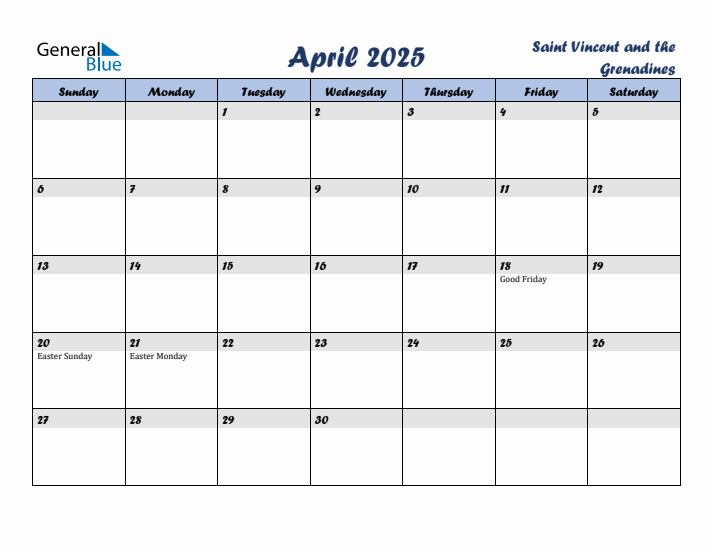 April 2025 Calendar with Holidays in Saint Vincent and the Grenadines