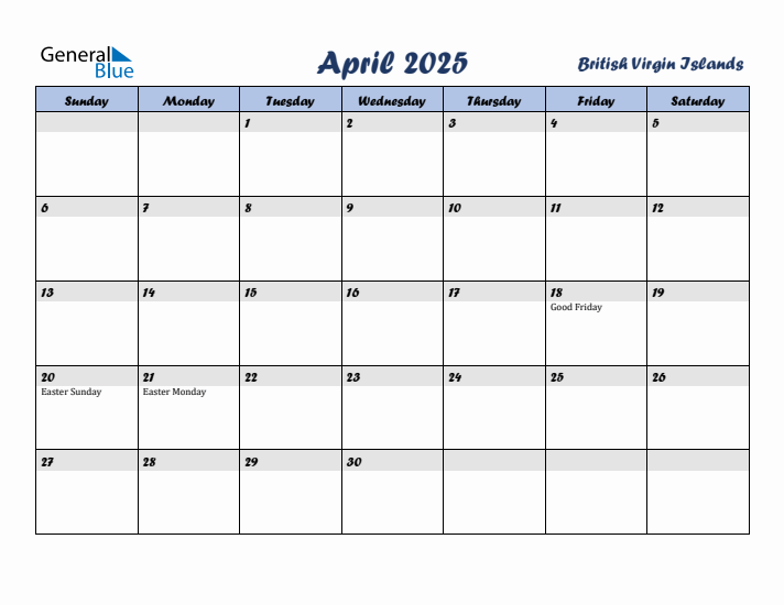 April 2025 Calendar with Holidays in British Virgin Islands