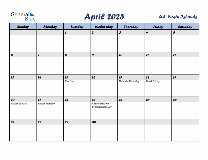 April 2025 Calendar with Holidays in U.S. Virgin Islands
