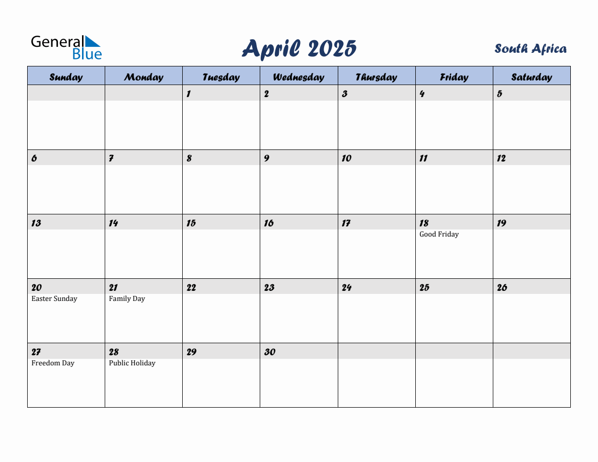 April 2025 Monthly Calendar Template with Holidays for South Africa