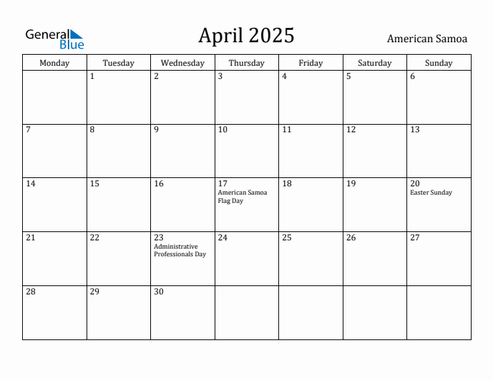 April 2025 Calendar American Samoa