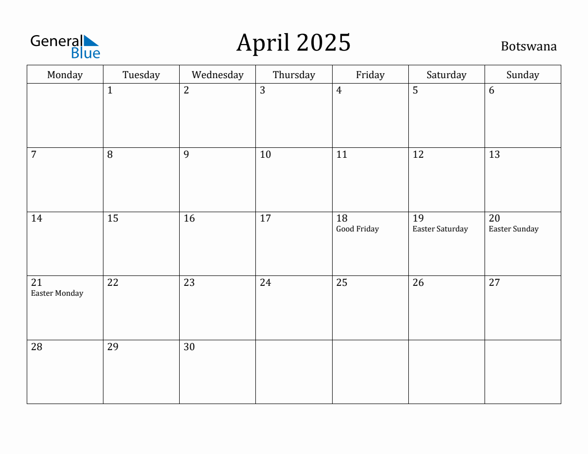 April 2025 Botswana Monthly Calendar with Holidays