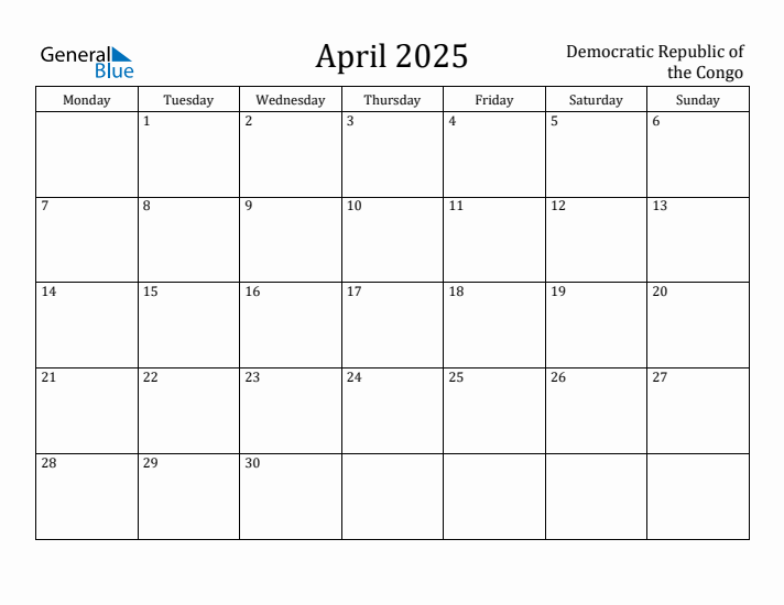 April 2025 Calendar Democratic Republic of the Congo