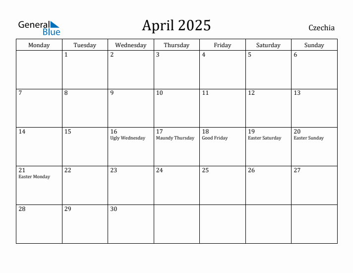 April 2025 Calendar Czechia
