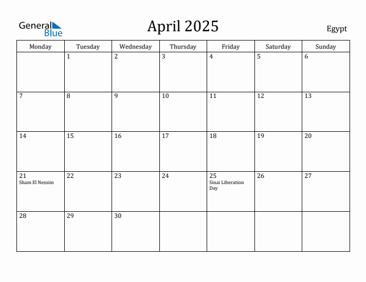 April 2025 Calendar Egypt