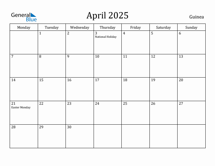 April 2025 Calendar Guinea