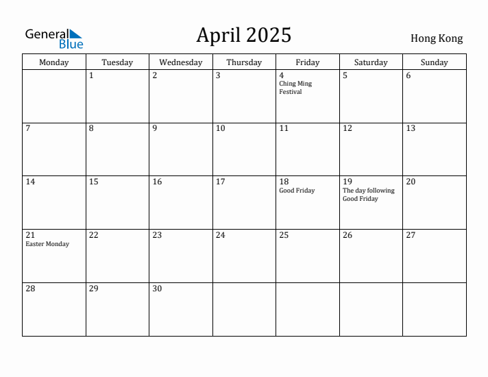 April 2025 Calendar Hong Kong