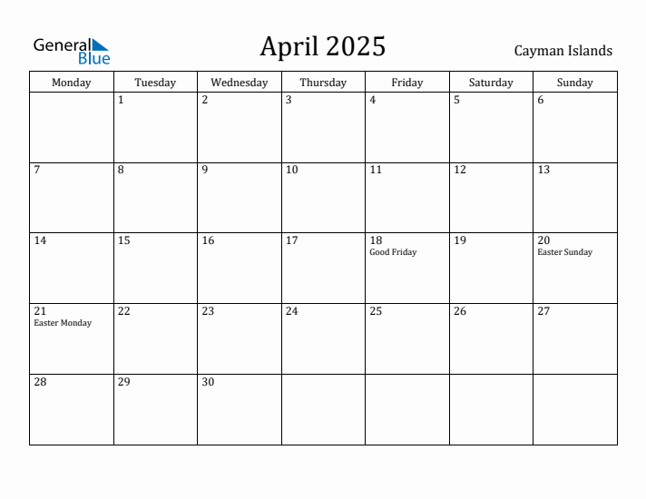 April 2025 Calendar Cayman Islands