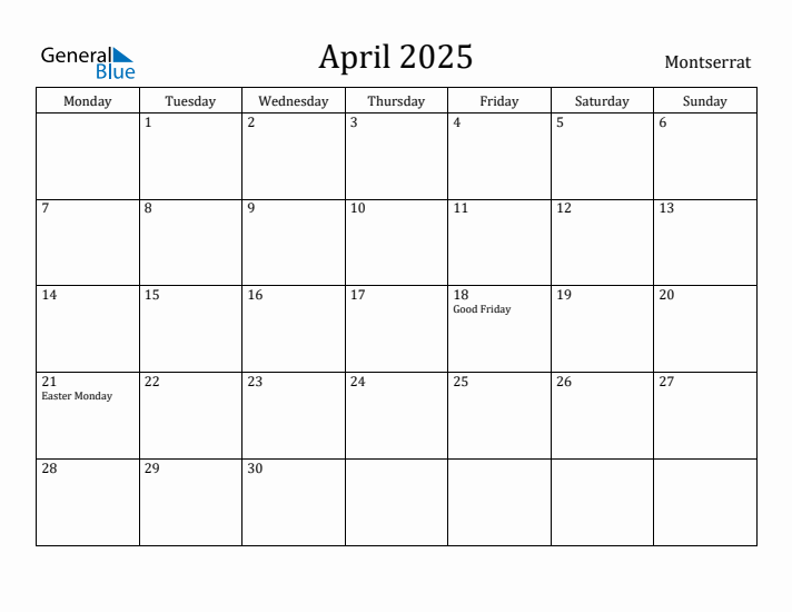 April 2025 Calendar Montserrat