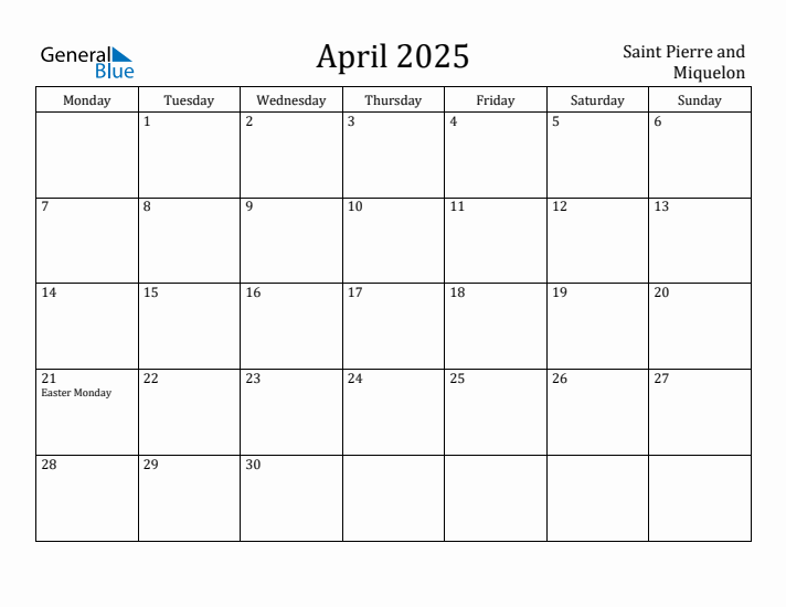 April 2025 Calendar Saint Pierre and Miquelon