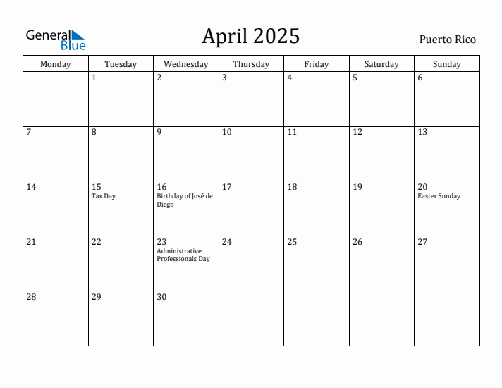 April 2025 Calendar Puerto Rico
