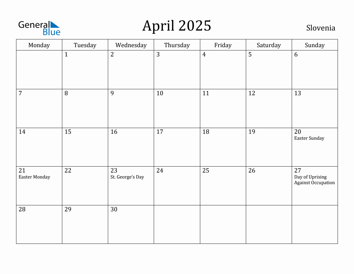 April 2025 - Slovenia Monthly Calendar with Holidays