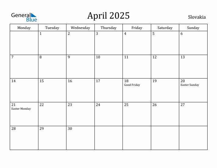 April 2025 Calendar Slovakia