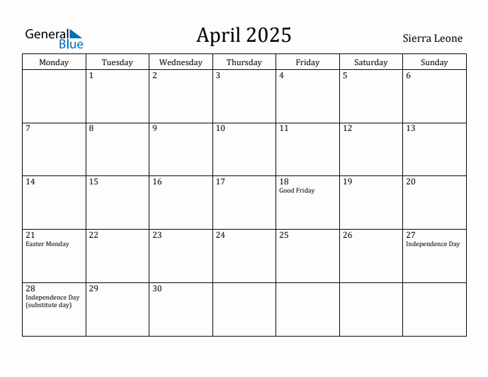 April 2025 Calendar Sierra Leone