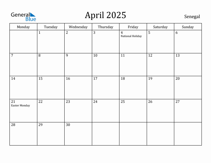 April 2025 Calendar Senegal
