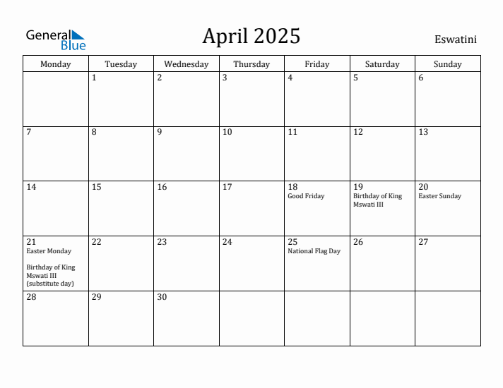 April 2025 Calendar Eswatini