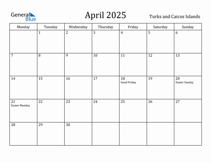 April 2025 Calendar Turks and Caicos Islands