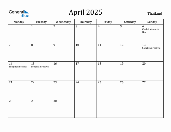 April 2025 Calendar Thailand