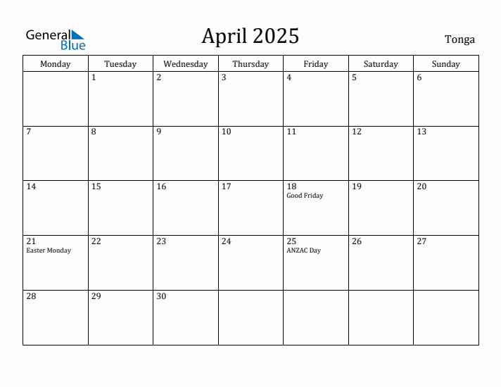 April 2025 Calendar Tonga