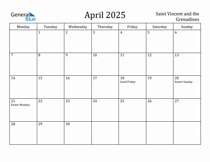 April 2025 Calendar Saint Vincent and the Grenadines