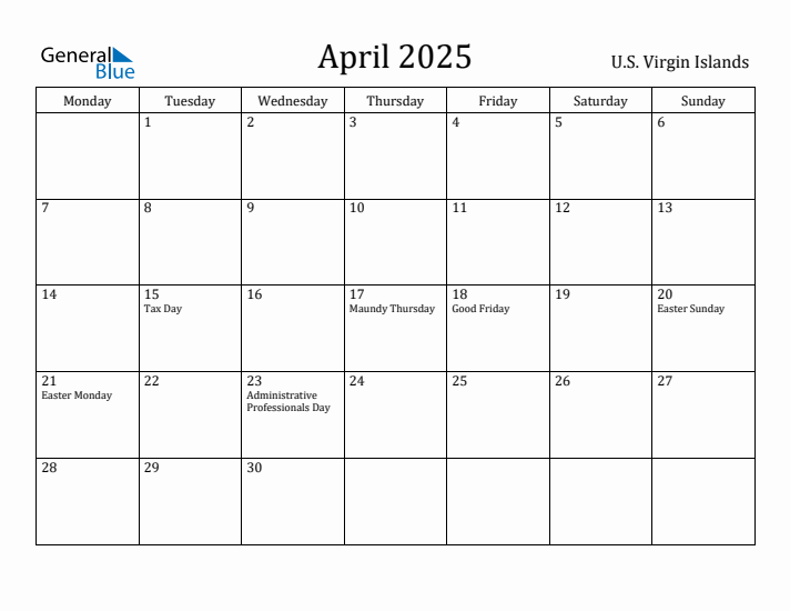 April 2025 Calendar U.S. Virgin Islands