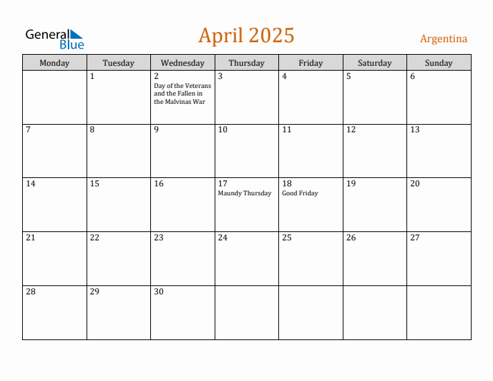 April 2025 Holiday Calendar with Monday Start