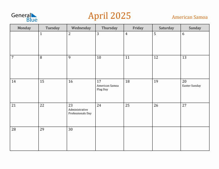 April 2025 Holiday Calendar with Monday Start