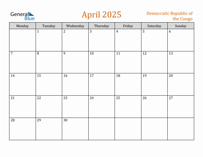 April 2025 Holiday Calendar with Monday Start