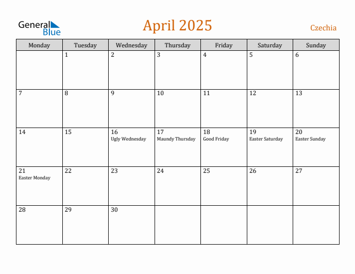 April 2025 Holiday Calendar with Monday Start