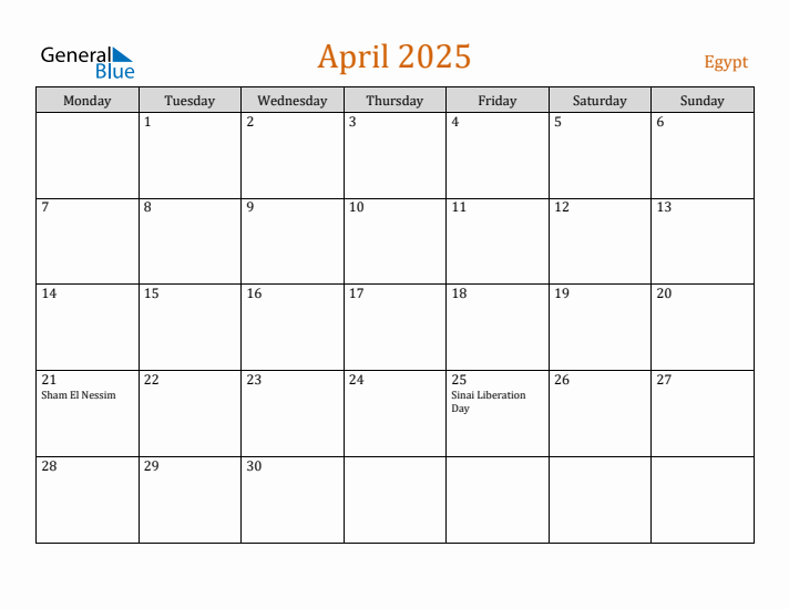 April 2025 Holiday Calendar with Monday Start