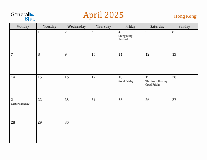 April 2025 Holiday Calendar with Monday Start