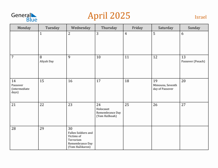 April 2025 Holiday Calendar with Monday Start