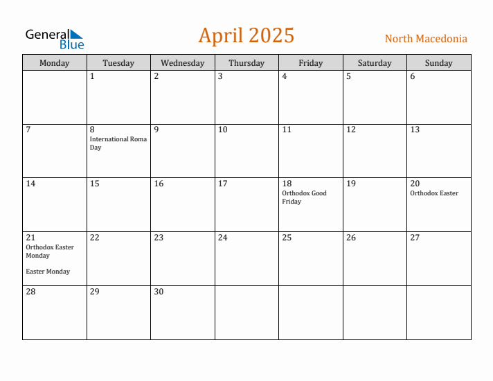 April 2025 Holiday Calendar with Monday Start
