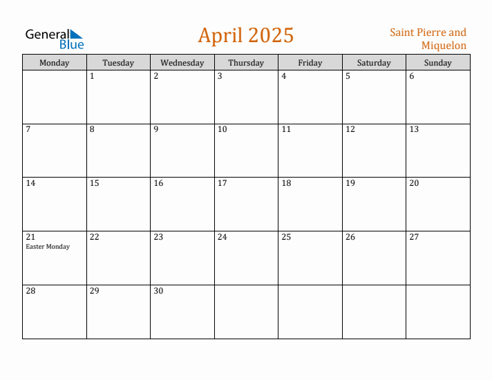 April 2025 Holiday Calendar with Monday Start