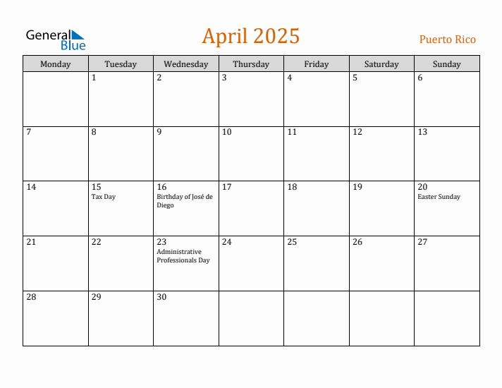 April 2025 Holiday Calendar with Monday Start