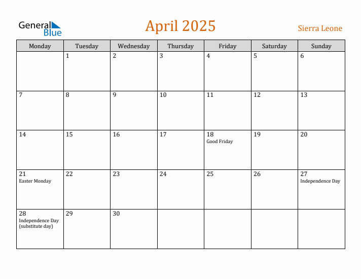 April 2025 Holiday Calendar with Monday Start