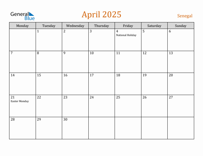 April 2025 Holiday Calendar with Monday Start