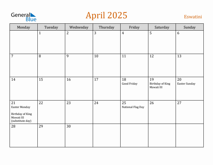 April 2025 Holiday Calendar with Monday Start