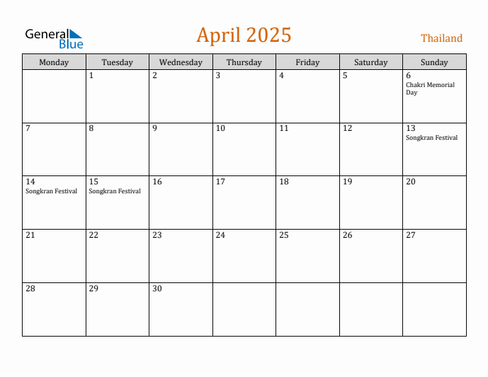 April 2025 Holiday Calendar with Monday Start
