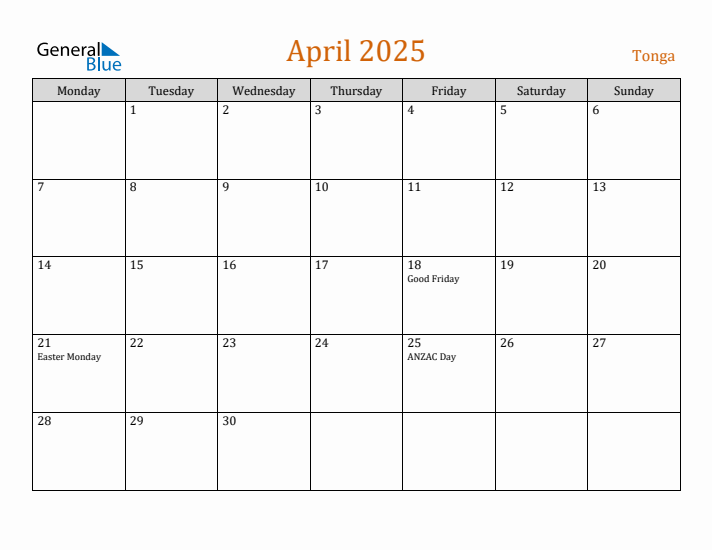 April 2025 Holiday Calendar with Monday Start