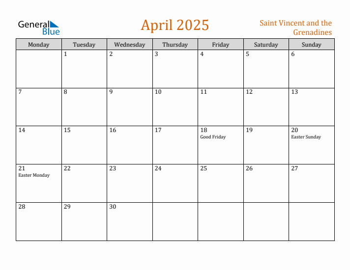 April 2025 Holiday Calendar with Monday Start