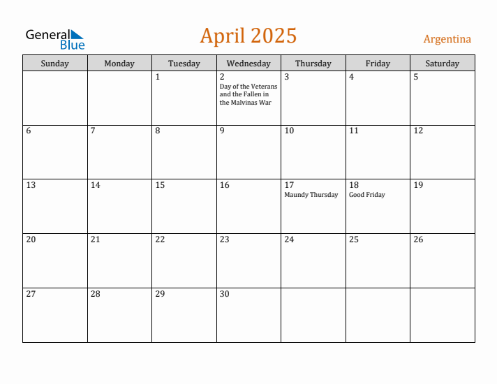 April 2025 Holiday Calendar with Sunday Start